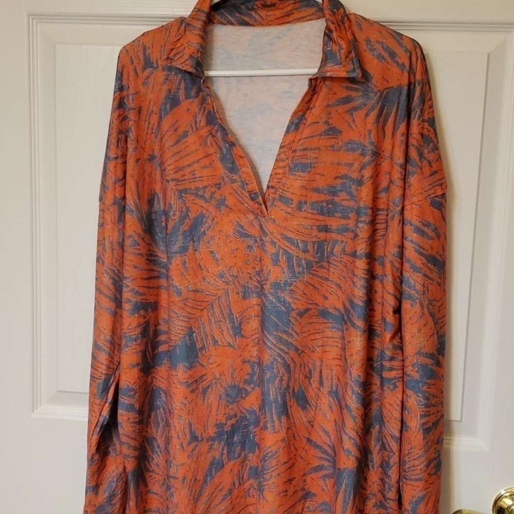 Orange & blue vneck tunic top tropical print Size 3X  content 95 poly, 5 spandex